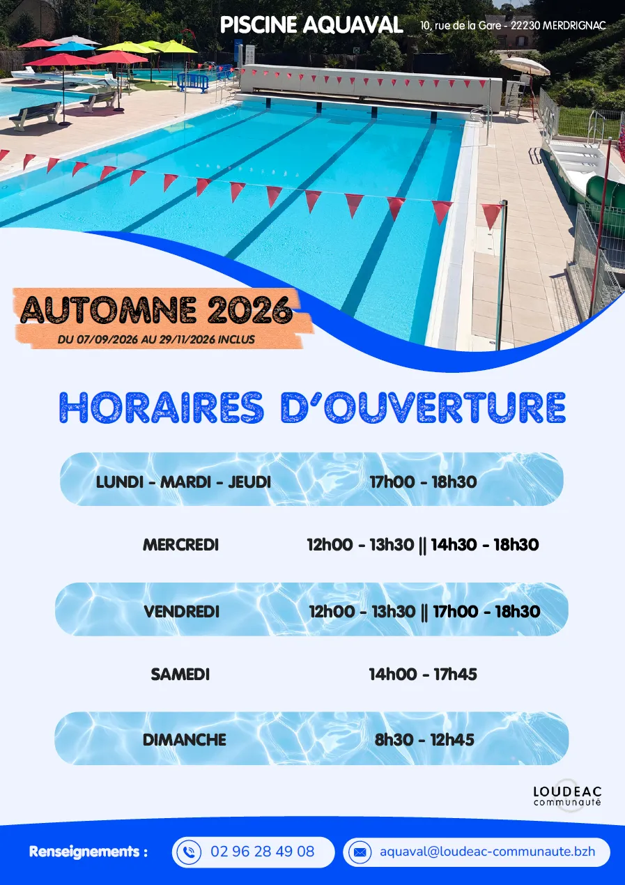 Piscine Aquaval : horaires et activités de l'automne 2026